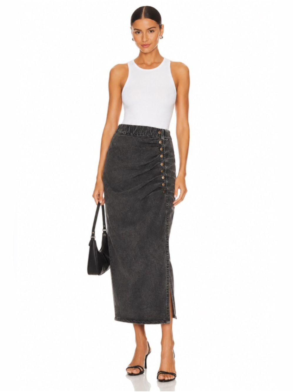 Ellie Makir New York Gray Denim Midi Skirt XS Ruched Snap Detail Stretch Pencil